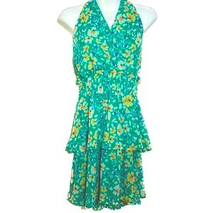 🍓Sienna Sky halter tie neck elastic waist ruffle skirt green floral print SZ M